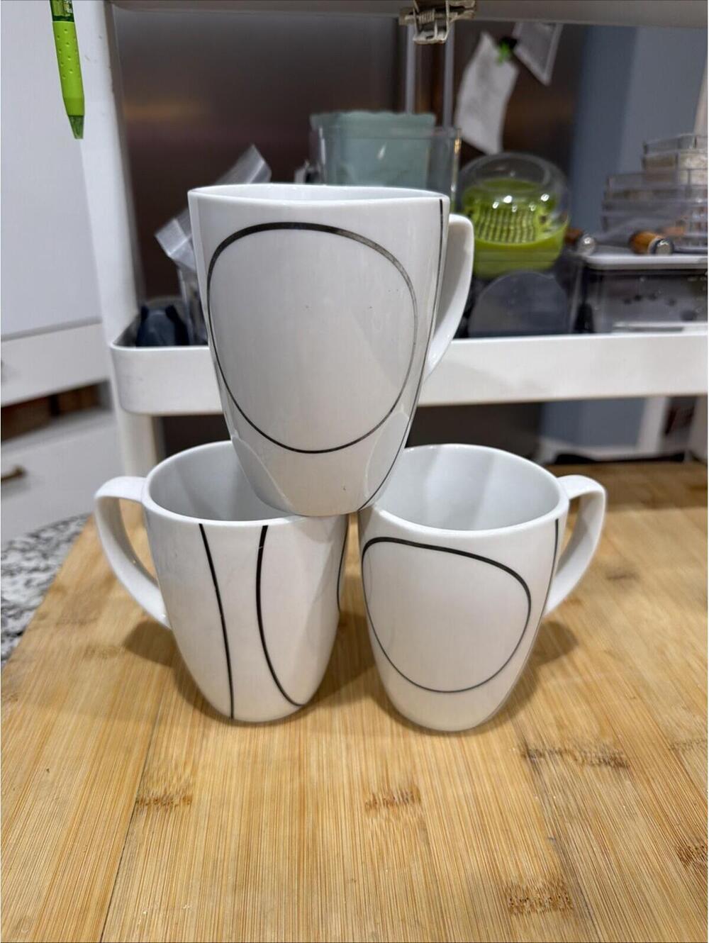VTG Corelle Coordinates Set 3 White & Black Simple Lines 12oz Coffee Mugs *